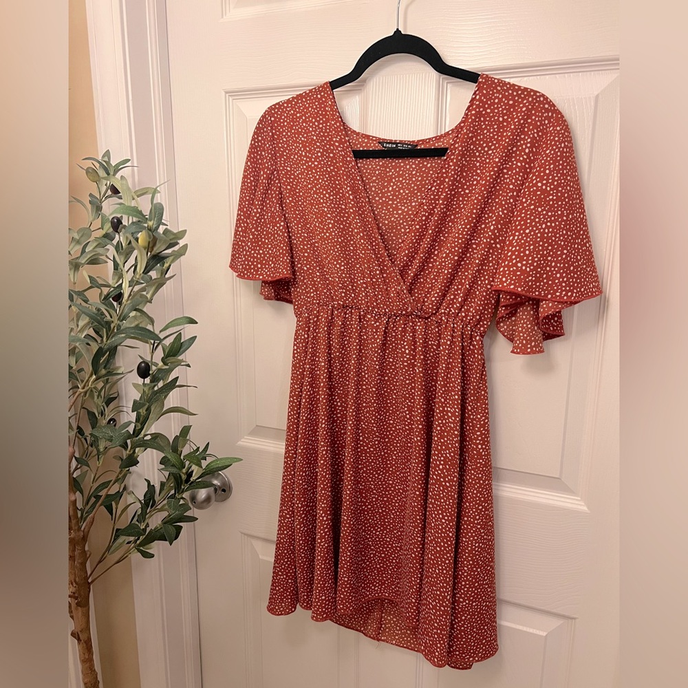 Burnt Orange Short Sleeve V-Neck Summer Dress